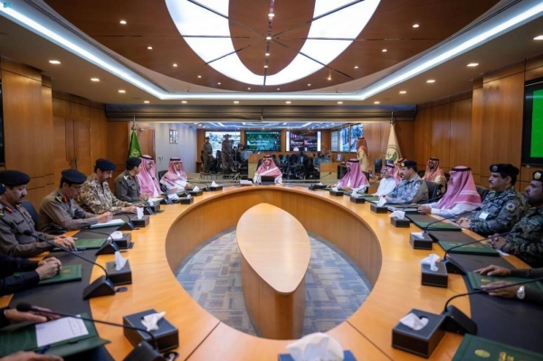 Minister of Interior Prince Abdulaziz bin Saud bin Naif addressing commanders of the security sectors participating in the security campaign to combat drugs at the ministry’s headquarters in Riyadh.