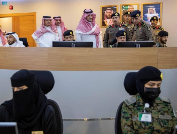 Minister of Interior Prince Abdulaziz bin Saud bin Naif addressing commanders of the security sectors participating in the security campaign to combat drugs at the ministry’s headquarters in Riyadh.