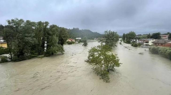 A view of an overflowing Savio river in Cesena, central Italy, Wednesday, May 17, 2023.  