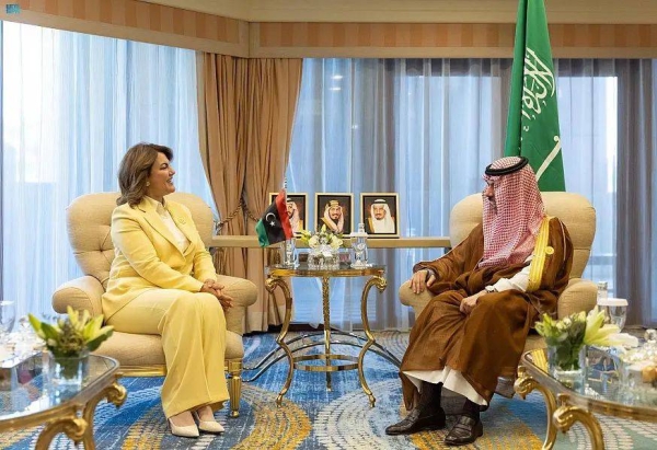 Saudi Foreign Minister Prince Faisal bin Farhan meets with his Libyan counterpart Najla Mangoush in Jeddah on Wednesday