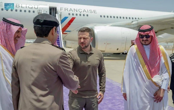 The Ukrainian leader arrives in Jeddah to attend the Arab League summit