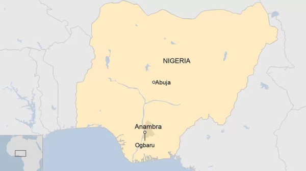 A map of Nigeria showing the Ogbaru local government area within Anambra state, and the capital city of Abuja.
