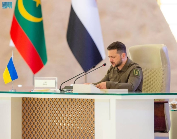 Ukraine’s President Volodymyr Zelenskyy addressing the Arab League summit in Jeddah on Friday.