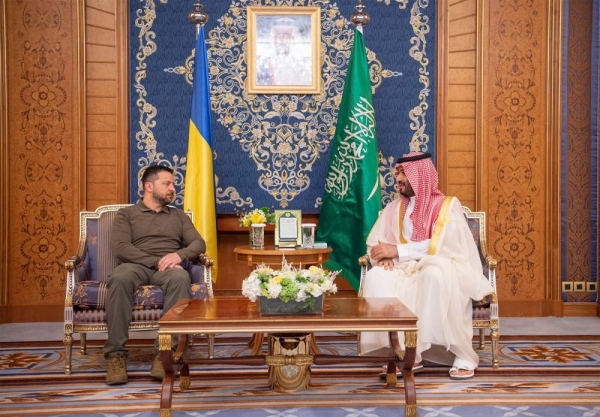 Crown Prince Mohammed bin Salman receives Ukrainian leader Volodymyr Zelensky in Jeddah on Friday.