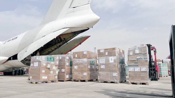As part of the Saudi Relief Air Bridge to help the Sudanese people, the sixth Saudi relief plane departed from Riyadh-based King Khalid International Airport Saturday for Port Sudan International Airport laden with 30 tons of food baskets and medical materials.