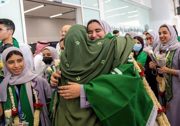 The talented students of the Saudi Team for Science and Engineering who won 27 prizes at the Regeneron International Science and Engineering Fair (ISEF 2023) arrived on Sunday at King Khalid International Airport in Riyadh.