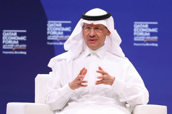Saudi Arabia’s Minister of Energy Prince Abdulaziz bin Salman addressing an energy-focused panel of the Qatar Economic Forum in Doha on Tuesday. (Bloomberg) 