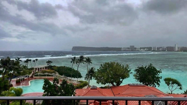A view overlooking Guam's Noverlooking Tumon Bay on Tuesday as Typhoon Mawar closed in