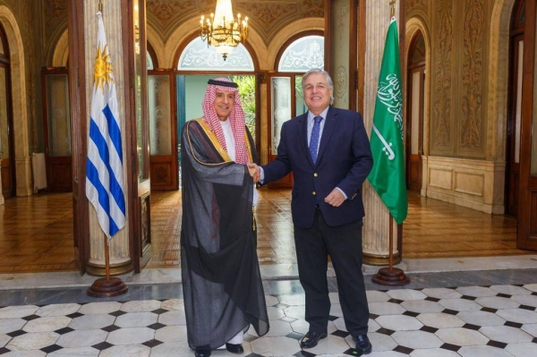Adel Al-Jubeir, minister of state for foreign affairs, Cabinet member, and climate affairs envoy, meets with Francisco Pustecho, foreign minister of Uruguay on Wednesday in Montevideo.