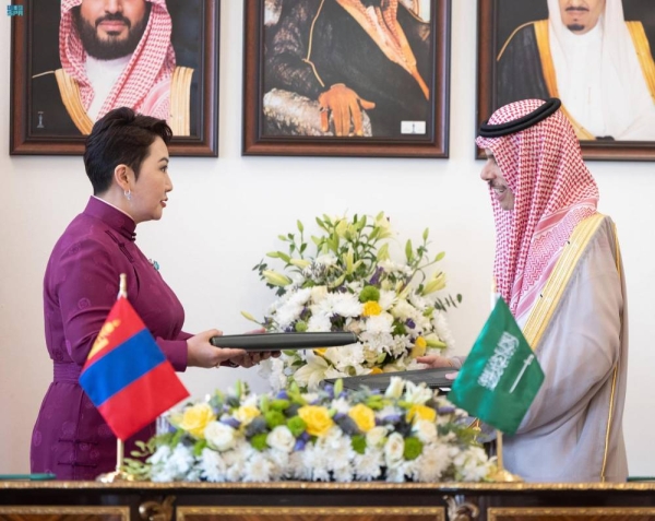 Saudi Foreign Minister Prince Faisal bin Farhan receives his Mongolian counterpart Battsetseg Batmunkh in Riyadh.