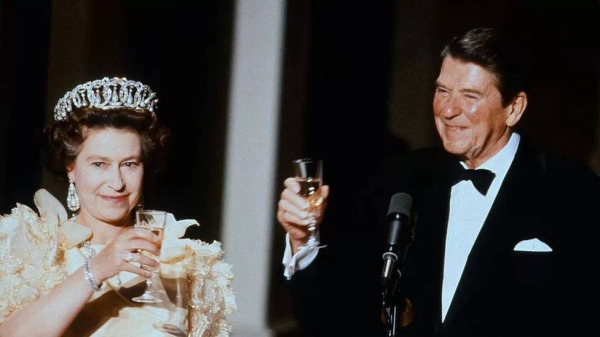 Queen Elizabeth II and Ronald Reagan at a San Francisco banquet in 1983