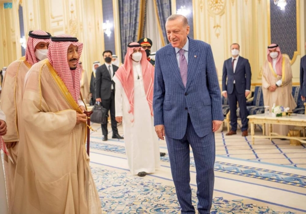 File photo of King Salman and Türkiye's President Recep Tayyip Erdogan in Jeddah in April 2022