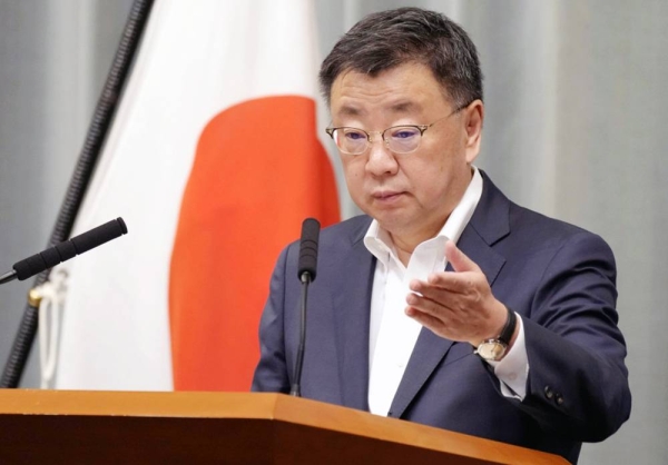 Chief Cabinet Secretary Hirokazu Matsuno holds a press conference at the prime minister’s office in Tokyo on Monday. — courtesy Kyodo