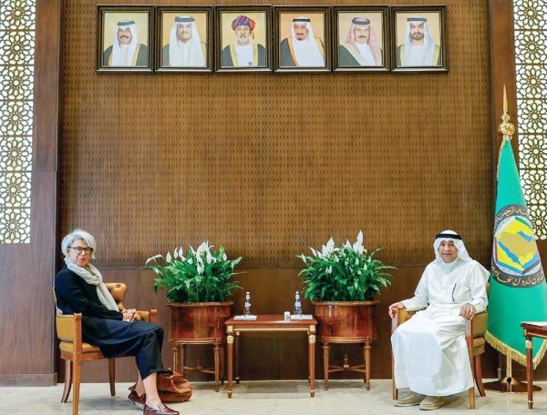 GCC Secretary General Jassem Al Budaiwi meets with EU representative of the Horn of Africa Dr. Annettt Weber, at the GCC headquarters in Riyadh on Monday.