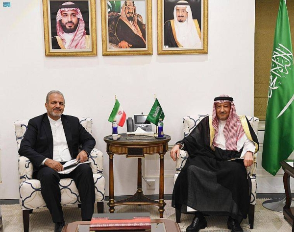 Saudi Arabia's Deputy Foreign Minister Waleed Al-Khuraiji meets with Iran's Deputy Foreign Minister for Consular Affairs Alireza Bikdeli in Riyadh on Tuesday.