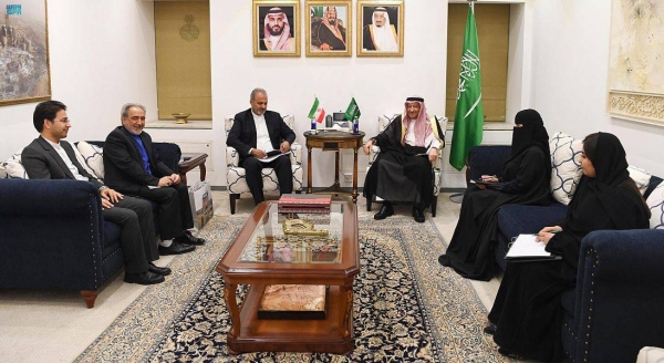 Saudi Arabia's Deputy Foreign Minister Waleed Al-Khuraiji meets with Iran's Deputy Foreign Minister for Consular Affairs Alireza Bikdeli in Riyadh on Tuesday.