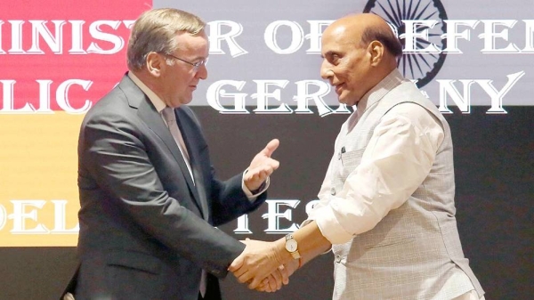Indian Defense Minister Rajnath Singh in a bilateral meeting with German Federal Minister of Defense Boris Pistorius, in New Delhi on Tuesday. — courtesy ANI