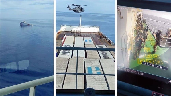 A combo picture shows the Turkish ship being secured by the Italian security forces after being attacked by stowaways.