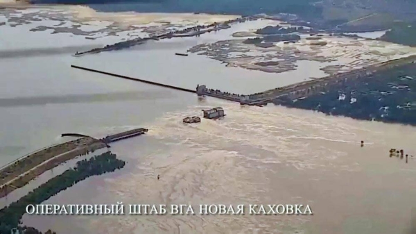 
Drone footage released by the Russian-controlled Kakhovka administration appears to show water drying up at the mouth of the North Crimean Canal. — courtesy EVN