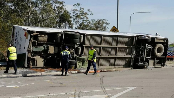 The bus overturned while making a turn at a roundabout late on Sunday night