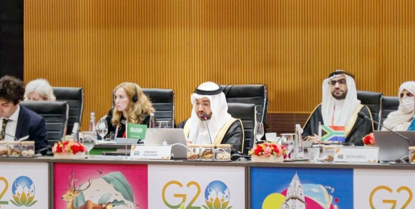 General Supervisor of the General Department of Research and Economic Visions at the Ministry of Economy and Planning, Dr. Yasser Bin Osama Fakih speaking at the G20 Varanasi meeting.