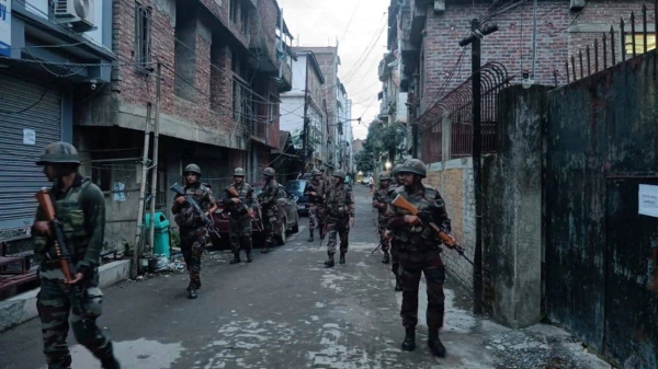 Indian army soldiers on patrol in Manipur, India, on June 7