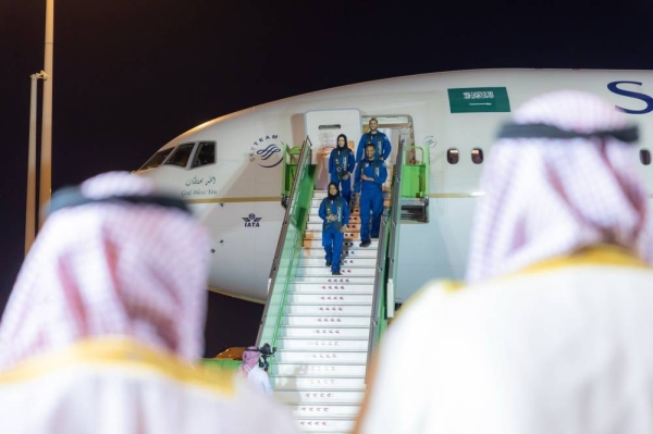 Saudi astronauts Ali Al-Qarni and Rayyanah Barnawi, accompanied by astronauts Mariam Fardous and Ali Al-Ghamdi, arrived on Friday in Riyadh, about two weeks after completing their historic scientific mission to the International Space Station (ISS).