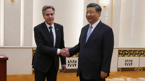 US Secretary of State Antony Blinken shakes hands with Chinese President Xi Jinping in the Great Hall of the People in Beijing, China