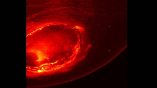 This infrared image gives an unprecedented view of the southern aurora of Jupiter, as captured by NASA's Juno spacecraft on August 27, 2016.