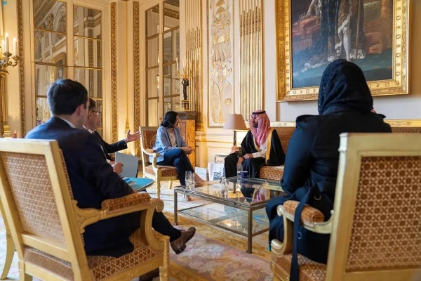 Minister of Culture Prince Badr bin Abdullah bin Farhan holds talks with his French counterpart Rima Abdul Malak in Paris on Tuesday.