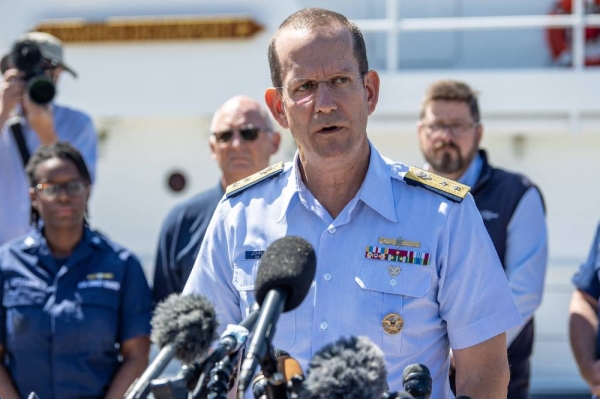 US Rear Adm. John Mauger, the First Coast Guard District commander, speaks at a press conference at the US Coast Guard Base Boston in Boston, Massachusetts, on June 22, 2023. Debris discovered on the ocean floor suggests the missing submersible near the wreck of the Titanic suffered a 