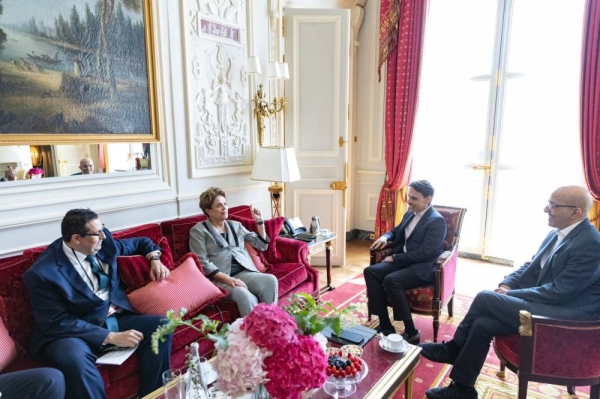 Foreign Minister Prince Faisal bin Farhan meets with the President of the New Development Bank, Dilma Vana Rousseff, in Paris on Friday.