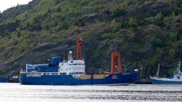 The Polar Prince arrives at the port in St. John's on Saturday. Canadian investigators boarded the support ship as part of their own investigation into the disaster.