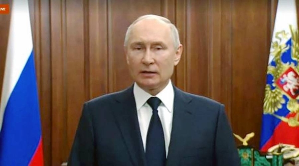 Vladimir Putin addressing the nation in Moscow on Monday. — Russian State TV