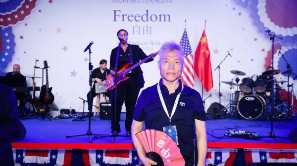 Sima Nan, a Chinese nationalist pundit known for his anti-American stance, attends the Independence Day celebration at the US embassy in Beijing on July 4.
