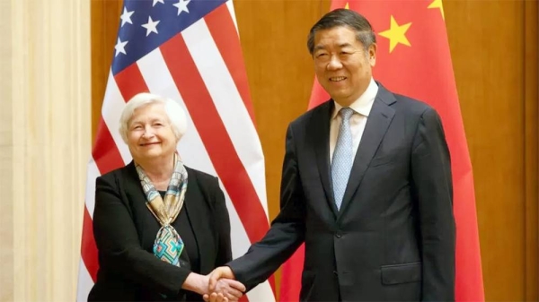 US Treasury Secretary Janet Yellen (left) shakes hands with Chinese Vice Premier He Lifeng. — courtesy Getty Images