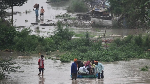 People use a makeshift raft to relocate cattle from a flooded area near the Yamuna River after it overflowed due to monsoon rains in New Delhi on July 11.