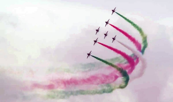 The Saudi Falcons Aerobatic Team continued their captivating performances for the second consecutive day at the Royal International Air Tattoo (RIAT 2023) held at the Royal Air Force (RAF) Fairford base in Gloucestershire, England.