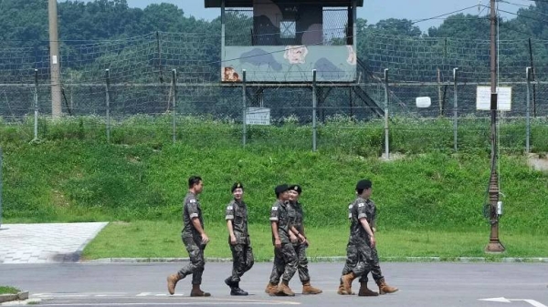 A North Korean military guard post, rear, is seen in Paju near the border.