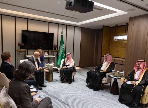 Foreign Minister Prince Faisal bin Farhan receives the Special Envoy of the French President to Lebanon Jean-Yves Le Drian in Jeddah on Tuesday.
