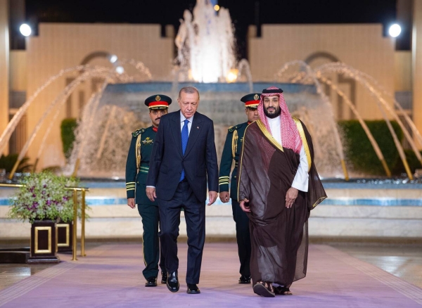 Crown Prince and Prime Minister Mohammed Bin Salman and Turkish President Recep Tayyip Erdogan during the latter's visit to Saudi Arabia on Tuesday as part of a three-day Gulf tour.