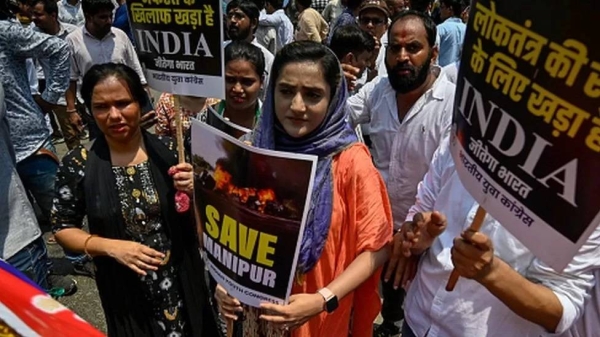 Protest in Delhi on 20 July 2023 by members of the Indian Youth Congress against sexual assault of women in Manipur.