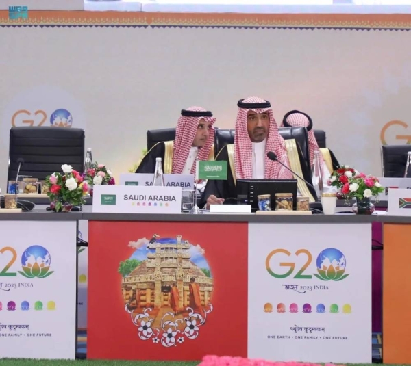 Minister of Human Resources and Social Development Eng. Ahmed Al-Rajhi addressing a G20 ministerial meeting in Indore, India, on Friday.