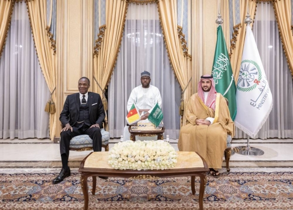 Minister of Defense Prince Khalid bin Salman receives at his office in Riyadh Cameroon's Minister of Defense Joseph Beti Assomo on Thursday