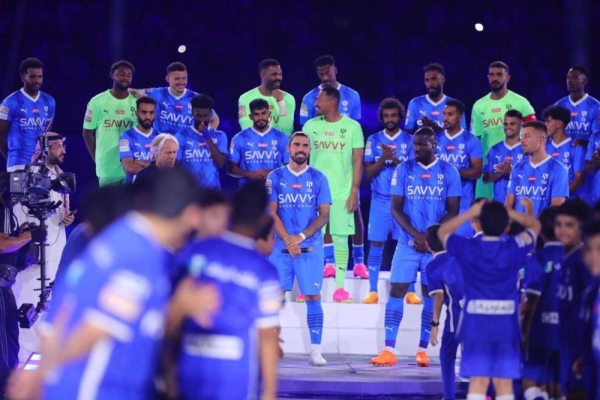 Newly introduced Al-Hilal players participating in a ceremony at King Fahd International Stadium in Riyadh on Sunday. 