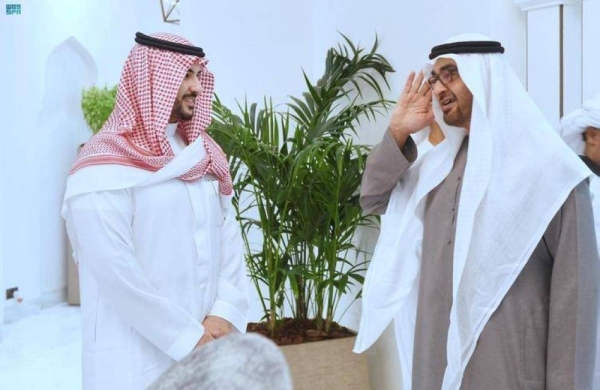
United Arab Emirates President and Ruler of Abu Dhabi Sheikh Mohamed bin Zayed Al-Nahyan receiving Saudi Minister of Defense Prince Khalid bin Salman at Al-Shatea Palace in Abu Dhabi on Saturday.
