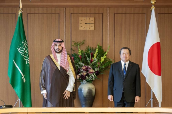 Japan's Defense Minister Yasukazu Hamada receives Saudi Arabia's Defense Minister Prince Khalid bin Salman in Tokyo.