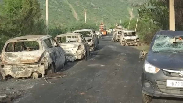 Visuals from the Nuh area showed stone-pelting by a mob as cars were set on fire and shops were vandalized