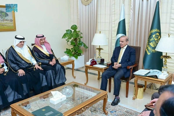 Pakistani Prime Minister Muhammad Shahbaz Sharif receives Saudi Arabia's Vice Minister for Mining Eng. Khalid Saleh Al-Mudaifer in Islamabad.