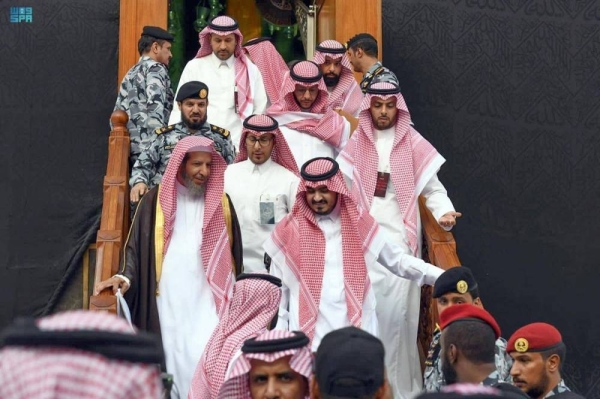 Deputy Emir of Makkah Prince Badr bin Sultan leading the annual ceremonial washing of the Holy Kaaba in Makkah on Wednesday.